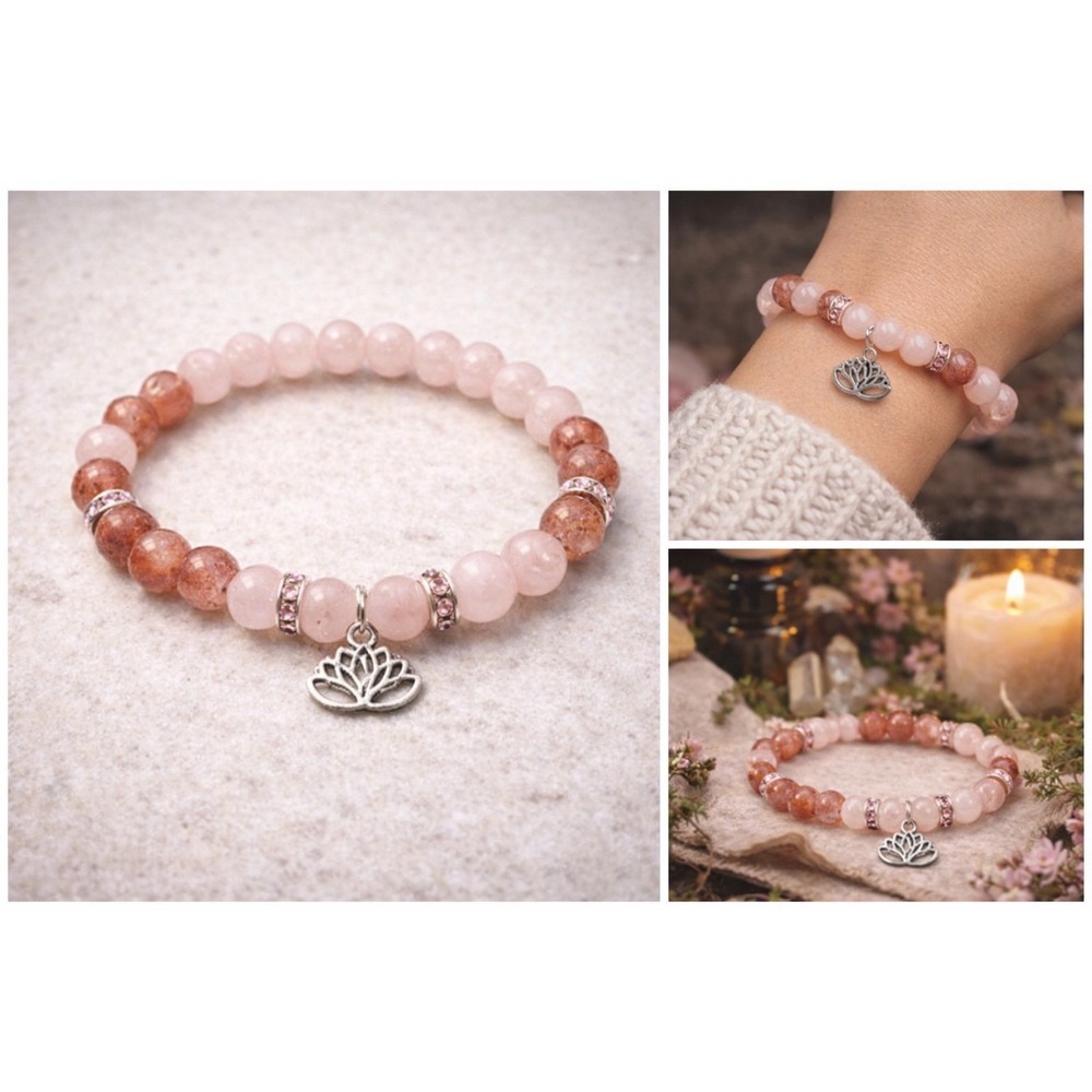 Strawberry and‎ Rose Quartz Lotus Bracelet Boho Witchy Crystal Jewelry